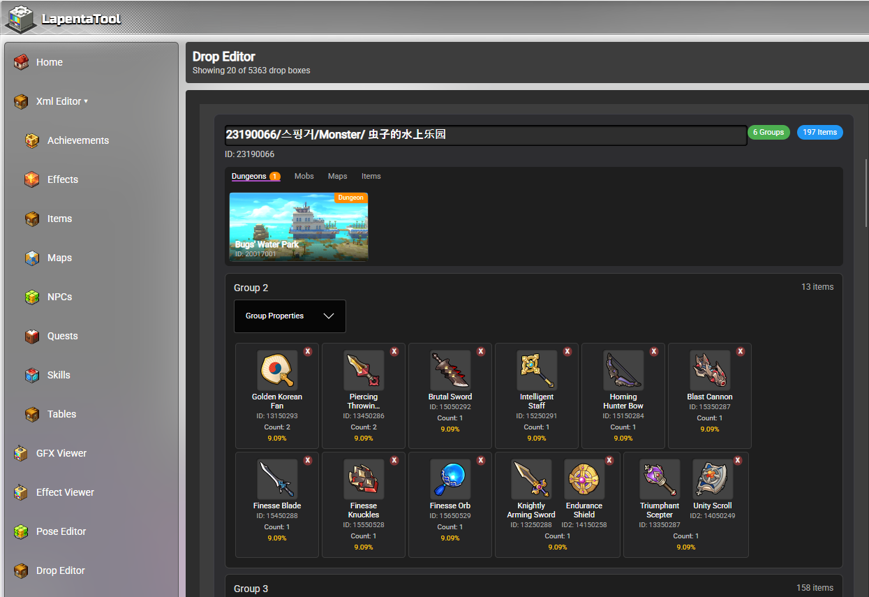LapentaTool's Drop Editor, showing a monster's drop box with grouped item rewards and their drop rates