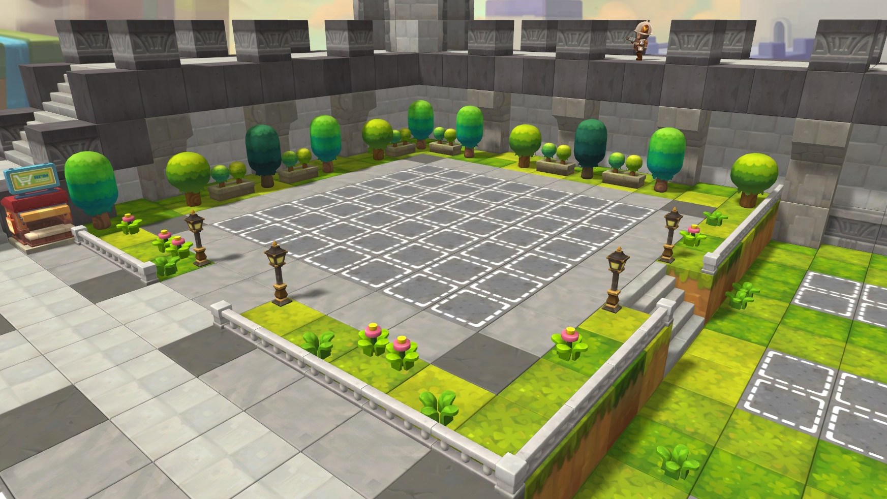 An in-game courtyard with trees, lanterns, and railings, rebuilt from an under-construction area, with housing plots ready to claim