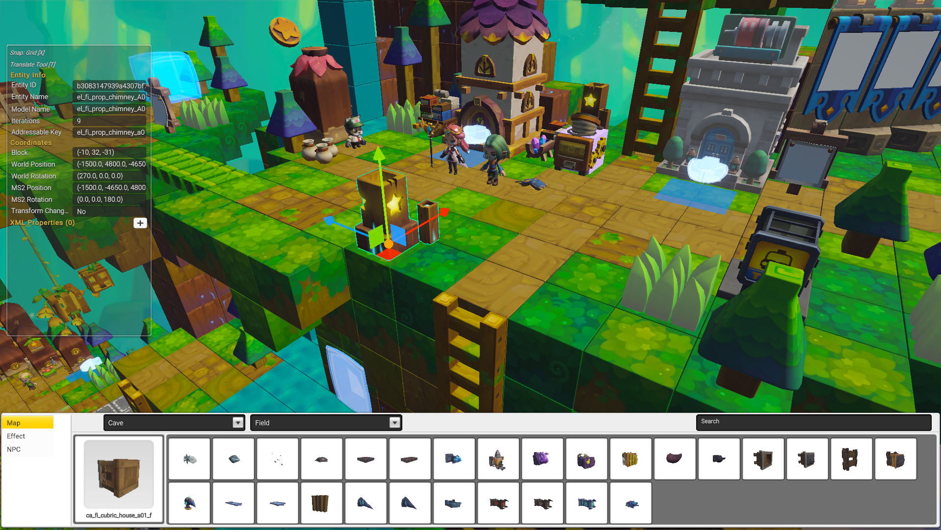 MapEditor, a Unity-based tool editing a MapleStory 2 map, with an entity-info panel, transform gizmo, and an asset palette along the bottom